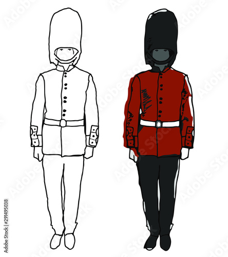 Canvas Print The drawing of a soldier of the British royal guard in a red uniform during the service