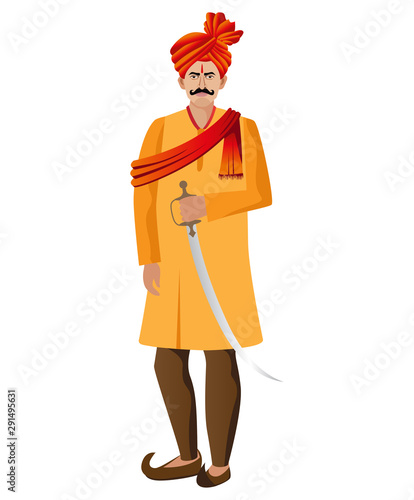 maharashtrian, hindu man standing with sward and feta isolated