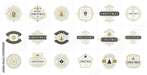Christmas vector typography ornate labels and badges, happy new year and winter holidays wishes for vector illustration