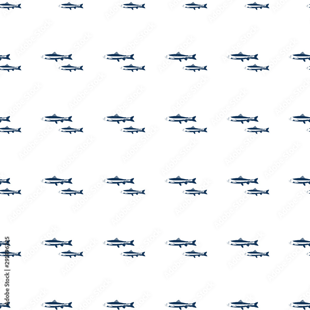 Fototapeta premium Seamless pattern salmon fish cartoon travel vector illustration isolated on white background, sea food element decorative scandinavian texture for minimalist design wallpaper, textile, menu