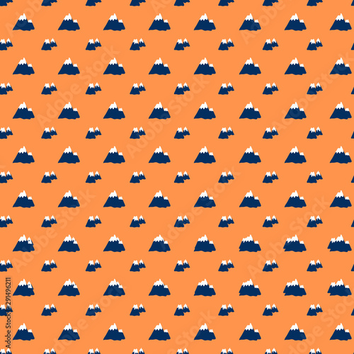 Seamless pattern, volcano cartoon travel vector illustration, scandinavian mountains isolated on orange backdrop, landscape elements, decorative texture mountain for minimalist design wallpaper