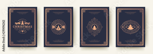 Christmas greeting cards vintage design, ornate decoration symbols and winter holidays wishes vector illustration