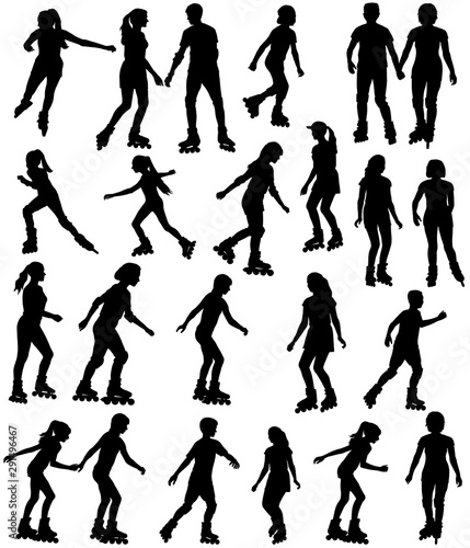 Collection of silhouettes of children and teenagers on roller skates