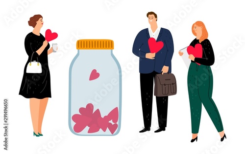 Charity and donations. Volunteers with red hearts. Flat people making donate vector illustration