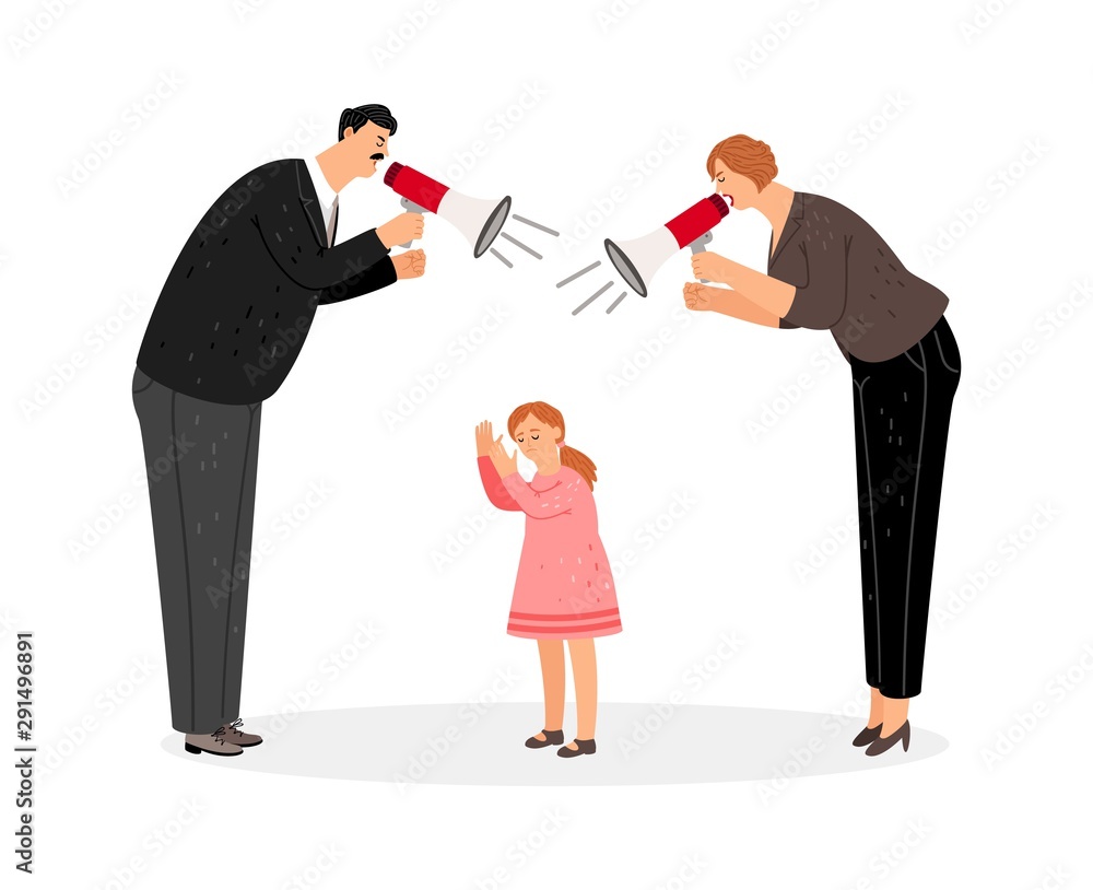 Fototapeta premium Agressive parents. Vector parents scream at their little daughter. Sad kid, angry mother and father characters. Domestic violence