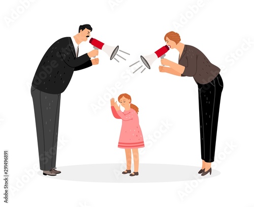 Agressive parents. Vector parents scream at their little daughter. Sad kid, angry mother and father characters. Domestic violence