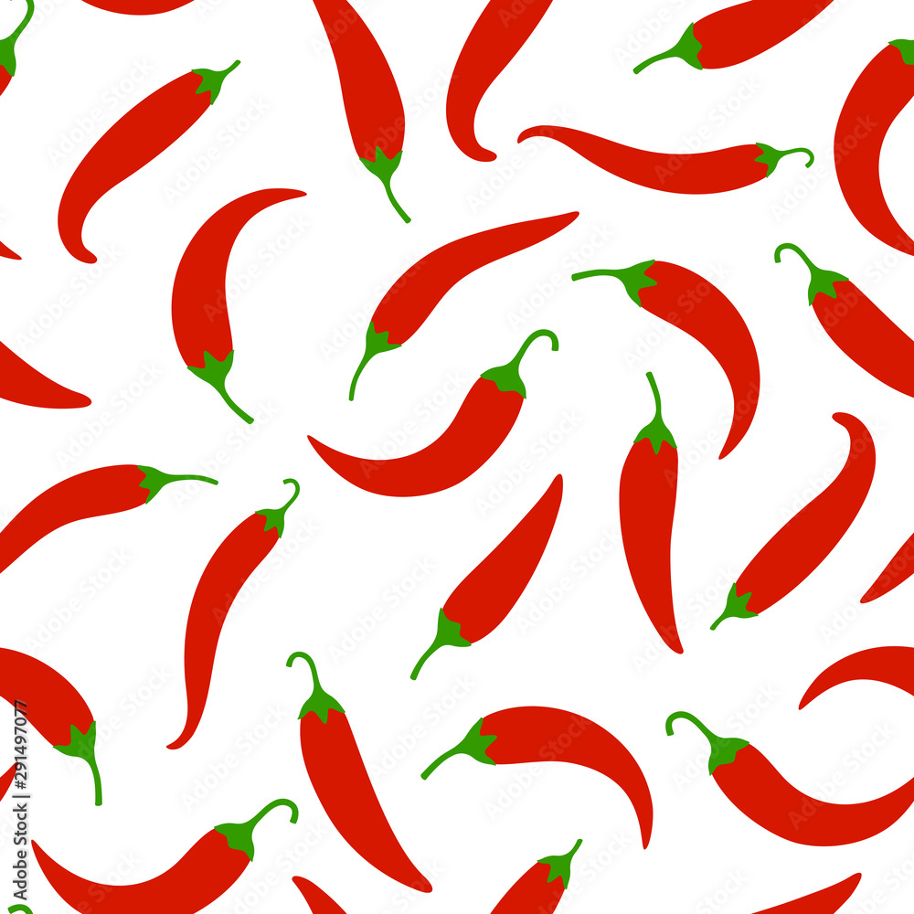 Chilli peppers seamless pattern. Hot mexican red chilly pepper background on white for food menu and market appetizer design, heat vegetables vector wallpaper Chilli peppers seamless pattern. Hot mexican red chilly pepper background on white for food menu and market appetizer design, heat vegetables vector wallpaper