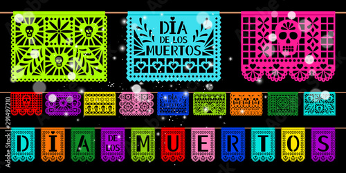 Day of dead paper decoration. Mexican holiday dia de los muetros cutted papers art papel picado, decorations flags ribbon elements with skulls, vector illustration