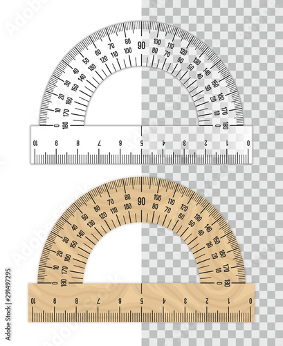 Protractor ruler. Plastic and wooden protractors isolated on white background, vector angle degrees measurement tool, school math geometry instrument
