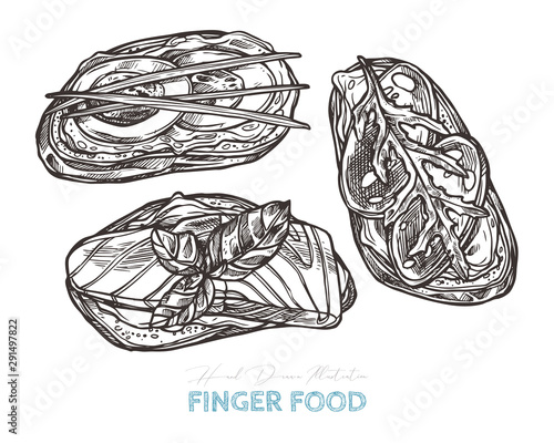 Canapes finger food. Vector sketch hand drawn illustration of crostini with different topping. Bruschetta with salami, eggs, salmon, cheese and greenery