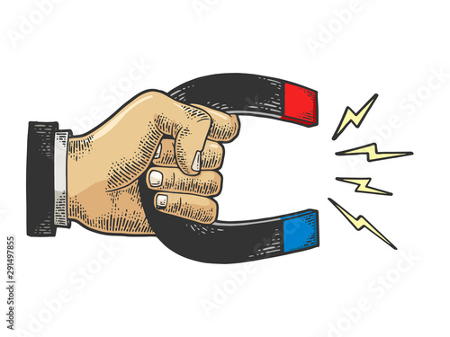 Hand with magnet sketch engraving vector illustration. Tee shirt apparel print design. Scratch board style imitation. Black and white hand drawn image.