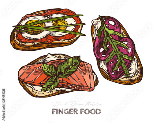 Finger food, mini sandwiches with baguette, eggs, salmon, salami, cheese, arugula. Restaurant, cafe snack, appetizer. Vector illustration in flat style, colorful hand drawn sketch
