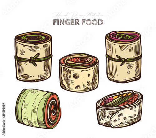 Finger food, rolls with salmon, ham, greenery, wheat cake, tortilla, pita. Restaurant, cafe snack, appetizer. Vector illustration in flat style, colorful hand drawn sketch