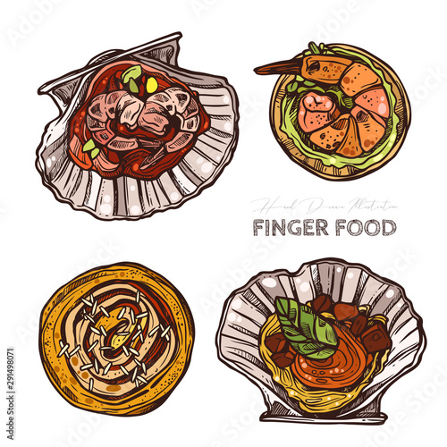 Finger food, seafood, snack in shell, roll. Restaurant, cafe snack, appetizer with shrimp, mollusk. Vector illustration in flat style, colorful hand drawn sketch