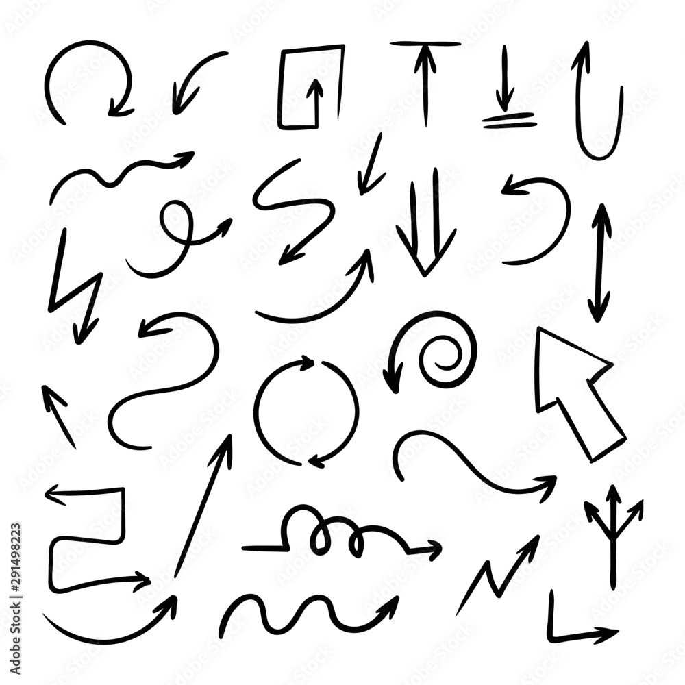 Vector set of doodle arrows on white background. Handmade by brush and pencil. Design elements. Vector set of doodle arrows on white background. Handmade by brush and pencil. Design elements.