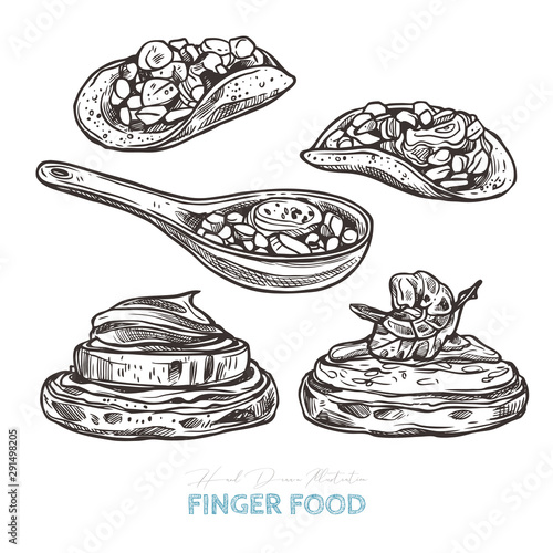 Finger food. Vector sketch hand drawn illustration of potato bites, pancake bites with cream, sauce,  shrimp, cheese and zucchini, appetizer spoons