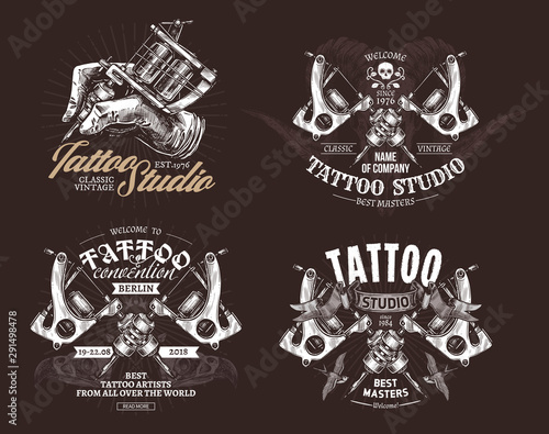 Tattoo emblems, badges and labels collection. Set of tattoo shops and salon logo and sign. Vector hand drawn engraving illustrations