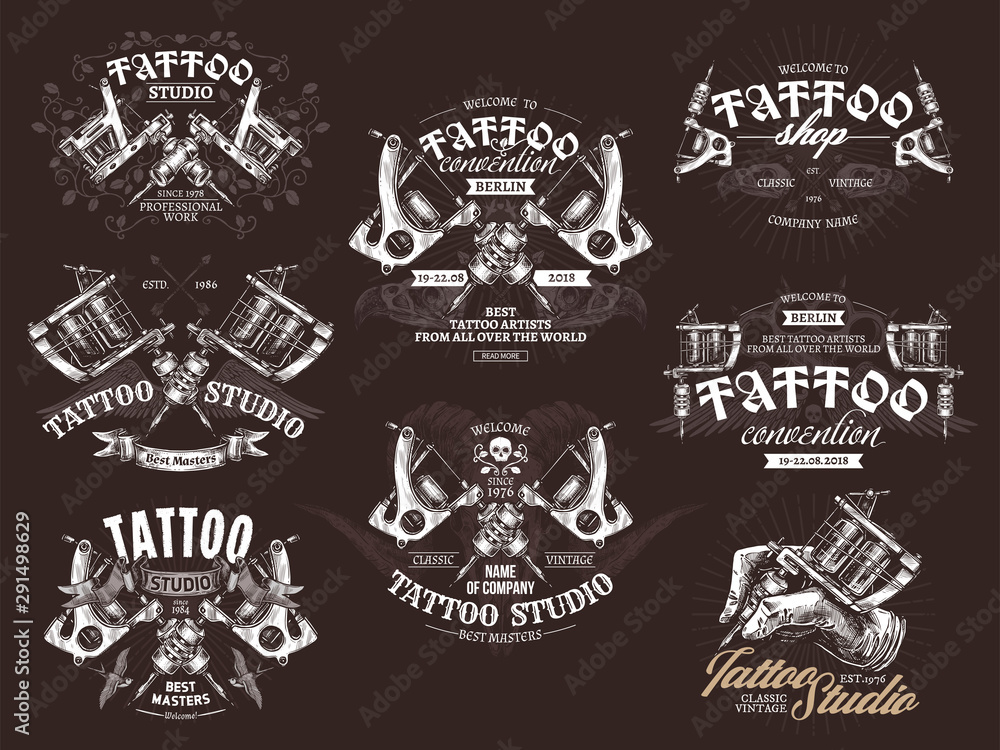 Tattoo emblems, badges and logo collection. Set of tattoo shops and ...