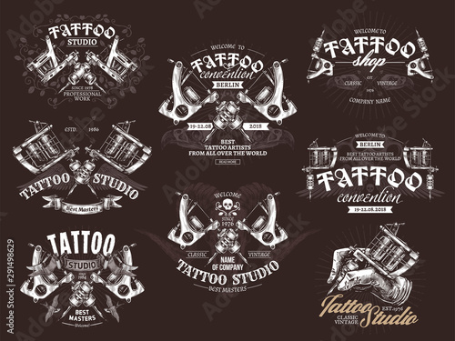 Tattoo emblems, badges and logo collection. Set of tattoo shops and salon labels and sign. Vector hand drawn illustrations in engraving style