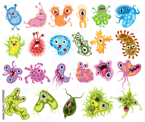 Set of microbes. Collection of cartoon viruses. Vector illustration of microorganisms for children. Color drawing of a set of bacteria. Monsters collection.