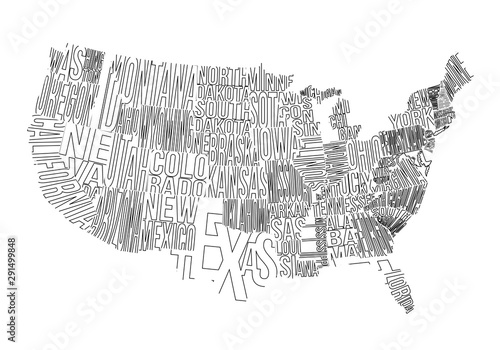 USA Lettering Map Vector Illustration Linear Art