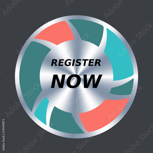Register now web button. Vector round metallic and color icon. Button to sign up