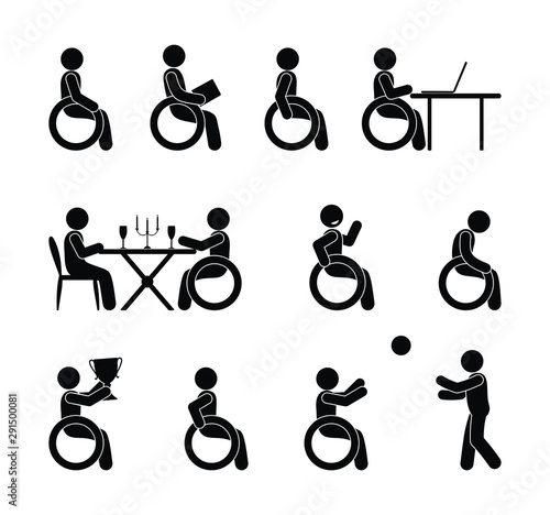 Disabled person icon. Various gestures and postures, stick figure people in wheelchairs in social situations.