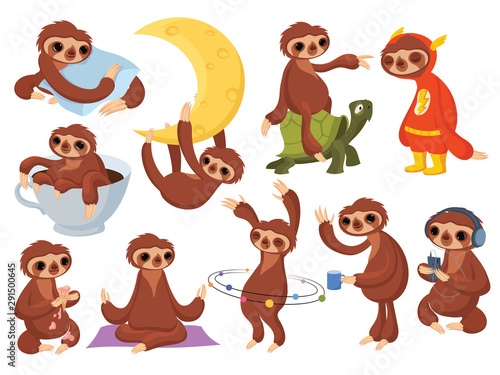 Set of cartoon sloths. Collection of cute sloths. Vector illustration of animals for children.