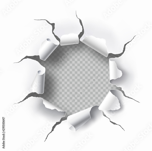 Torn hole with transparent background in the sheet of white paper. Space for text