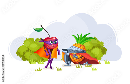 Cartoon characters fruits in superhero costumes lovers cherry and pineapple