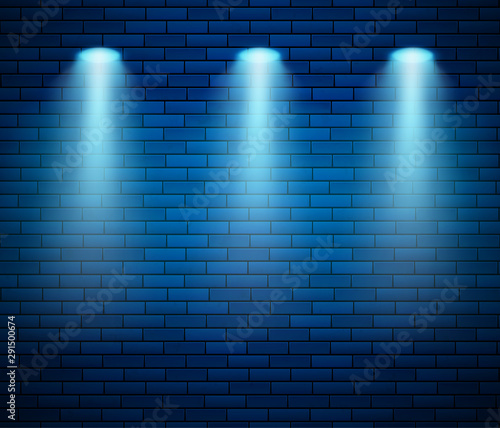 Spotlight against brick wall in blue color. Empty Studio decorated brick wall and spot of light. Vector illustration