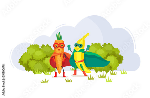Funny cartoon characters fruits in superhero costumes at masks carrots and banana food emotion. Vegetable character product fun food costume vector illustration isolated