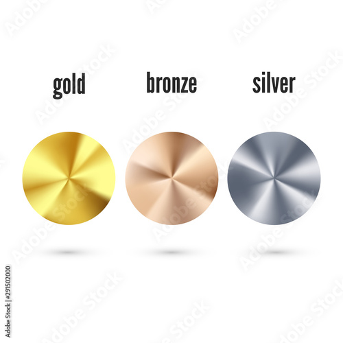Golden Silver and Bronze radial gradient set. Realistic metallic foil. Collection of shiny bronze silvery and gold pattern. Vector illustration