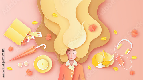 Beautiful girl, long hair relaxing on colorful leaves on floor with her orange color accessories set in Autumn. Graphic design for Autumn. paper cut and craft style. vector, illustration.