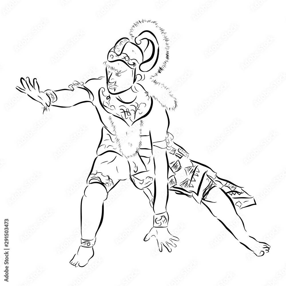simple hand draw sketch vector of dancing angry hanoman or anumat, god big white monkey from indonesia and india tale