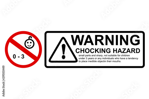 Simple Vector Red Black, Caution Sign, Warning or Caution Hazard not suitable for children under 0 - 3 year old, contain small and sharp parts, isolated on white