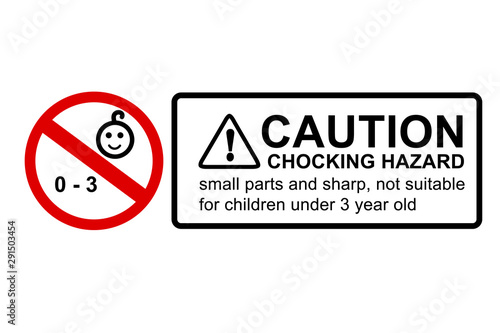 Simple Vector Red Black, Caution Sign, Warning or Caution Hazard not suitable for children under 0 - 3 year old, contain small and sharp parts, isolated on white