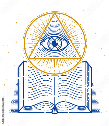 Secret knowledge vintage open book with all seeing eye of god in sacred geometry triangle, insight and enlightenment, masonry or illuminati symbol, vector logo or emblem design element.