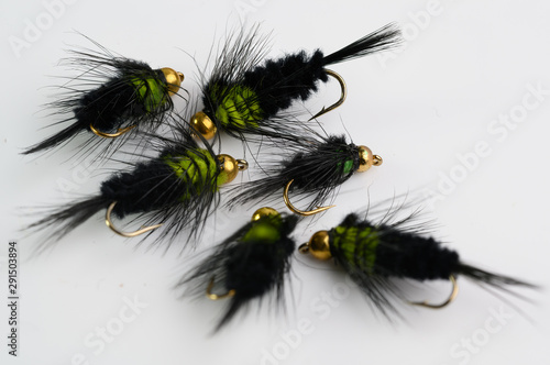 Selection of Fly fishing flies with gold head beads for trout and steelhead