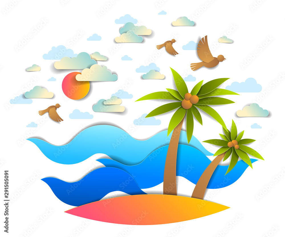 Beach with palms, sea waves perfect seascape, birds clouds and sun in the sky, summer beach holidays theme paper cut style vector illustration.