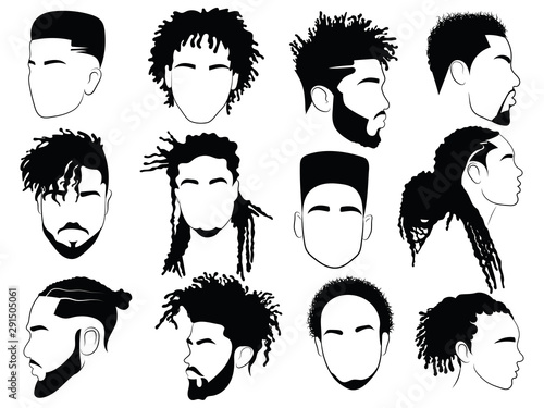 Set of afro hairstyles for men. Collection of dreads and afro braids for men. Black and white illustration for a hairdrymaker. photo