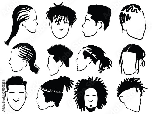 Set of afro hairstyles for men. Collection of dreads and afro braids for men. Black and white illustration for a hairdrymaker.