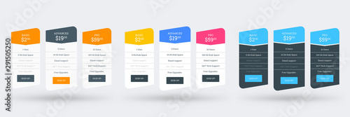 Pricing table design template for websites and applications. Set of three different color variations. Vector pricing plans. Flat style vector illustration