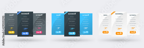 Pricing table design template for websites and applications. Set of three different color variations. Vector pricing plans. Flat style vector illustration