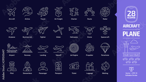 Aircraft outline icon set in dark mode with flight plane editable stroke symbol: airplane, business jet, airport, fly aeroplane, commercial aviation, travel air, military fighter, luggage, waiting.