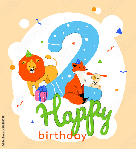 Children 2nd birthday greeting card vector template