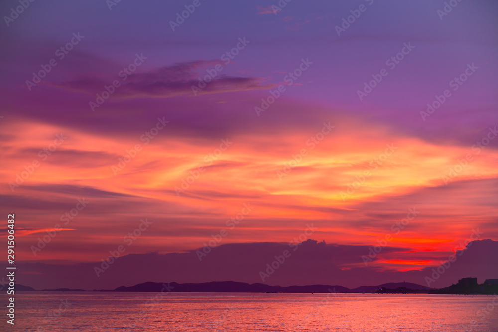 Silhouette seascape with twilight colorful in sunset or sunrise time in Thailand