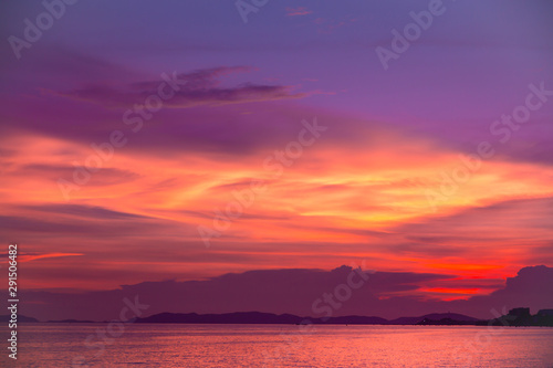 Silhouette seascape with twilight colorful in sunset or sunrise time in Thailand