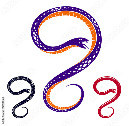 Venomous snake vintage tattoo, vector drawing of aggressive predator reptile, deadly poisoned serpent symbol, vintage style illustration.