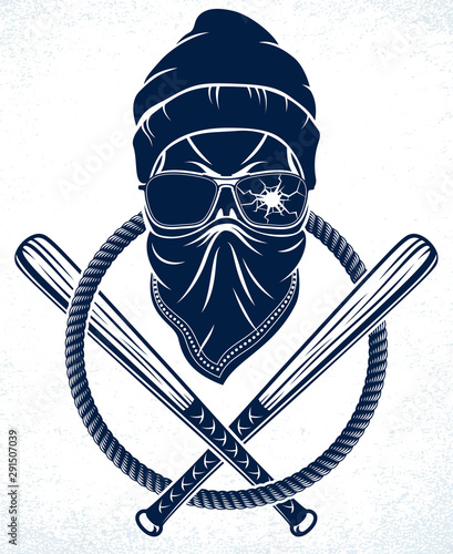 Gangster emblem logo or tattoo with aggressive skull baseball bats design elements, vector, criminal ghetto vintage style, gangster anarchy or mafia theme.